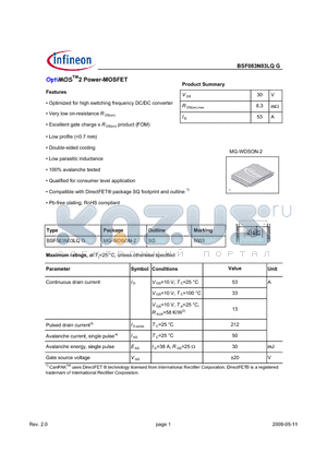 BSF083N03LQG datasheet - OptiMOS2 Power-MOSFET