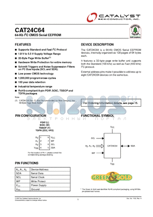CAT24C64 datasheet - 64-Kb I2C CMOS Serial EEPROM