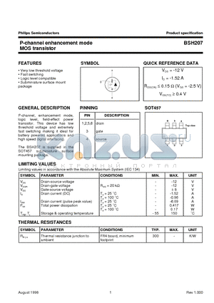 BSH207 datasheet - P-channel enhancement mode MOS transistor