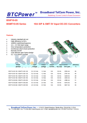 BSIP10-05 datasheet - 10A SIP & SMT 5V Input DC-DC Converters