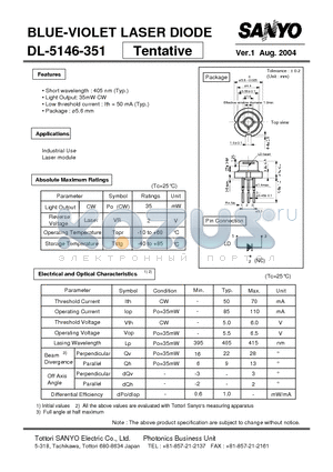 DL-5146-351 datasheet - BLUE-VIOLET LASER DIODE