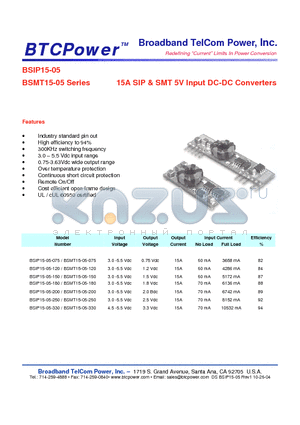 BSIP15-05-120 datasheet - 15A SIP & SMT 5V Input DC-DC Converters