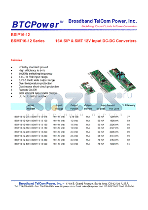 BSIP16-12-180 datasheet - 16A SIP & SMT 12V Input DC-DC Converters