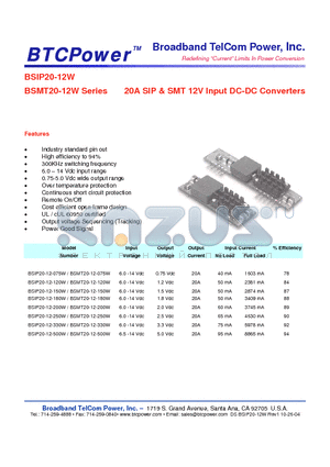 BSIP20-12-500W datasheet - 20A SIP & SMT 12V Input DC-DC Converters