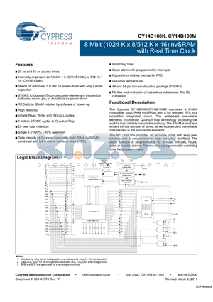 CY14B108K-ZS25XIT datasheet - 8 Mbit (1024 K x 8/512 K x 16) nvSRAM with Real Time Clock