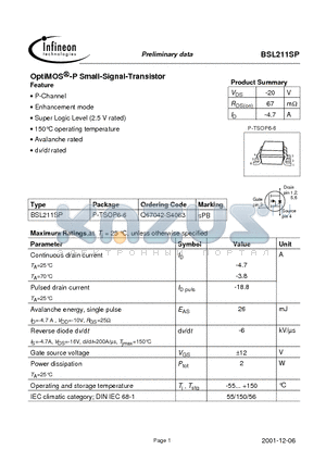 BSL211SP datasheet - OptiMOS -P Small-Signal-Transistor