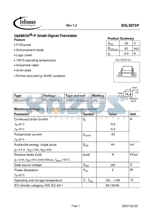 BSL307SP_07 datasheet - OptiMOS-P Small-Signal-Transistor