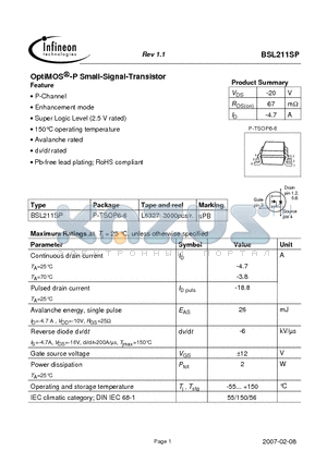 BSL211SP_07 datasheet - OptiMOS-P Small-Signal-Transistor