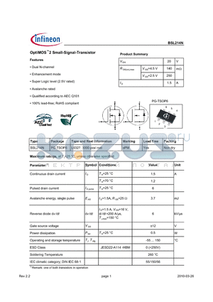 BSL214N datasheet - OptiMOS2 Small-Signal-Transistor
