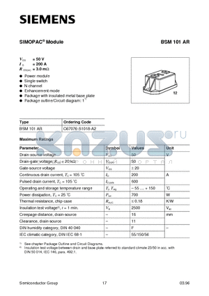 BSM101 datasheet - SIMOPAC Module (Power module Single switch N channel Enhancement mode)