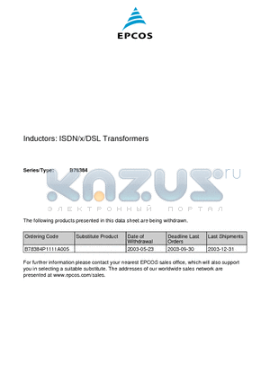 B78384P1111A005 datasheet - ISDN/x/DSL Transformers