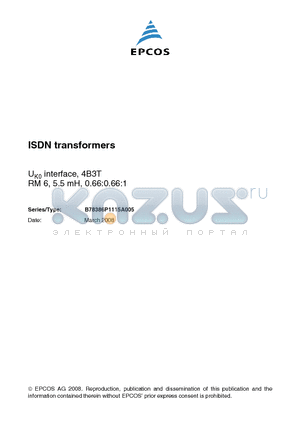 B78386P1115A005 datasheet - ISDN transformers UK0 interface, 4B3T RM 6, 5.5 mH, 0.66:0.66:1