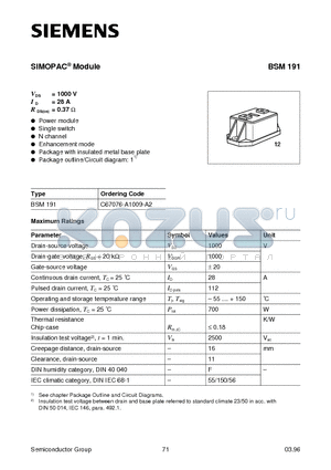 BSM191 datasheet - SIMOPAC Module (Power module Single switch N channel Enhancement mode)