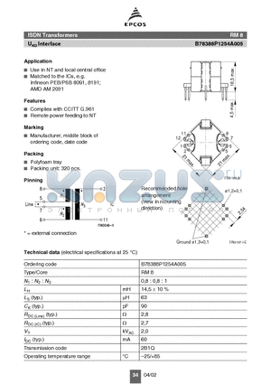 B78388P1254A005 datasheet - ISDN Transformers