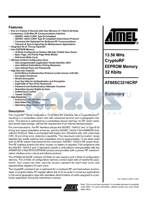 AT88SC3216CRF-MR1 datasheet - 13.56 MHz CryptoRF EEPROM Memory 32 Kbits