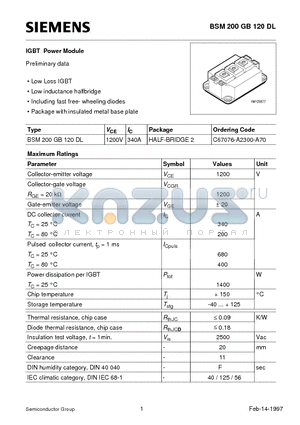 BSM200GB120DL datasheet - IGBT Power Module (Low Loss IGBT Low inductance halfbridge Including fast free- wheeling diodes)