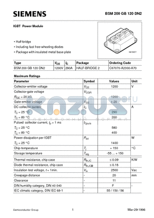 BSM200GB120DN2 datasheet - IGBT Power Module (Half-bridge Including fast free-wheeling diodes Package with insulated metal base plate)