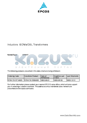 B78417A1671A003 datasheet - ISDN/x/DSL Transformers