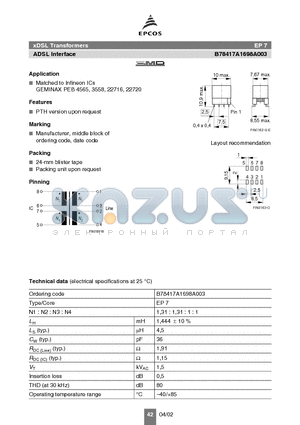 B78417A1698A003 datasheet - xDSL Transformers ADSL Interface