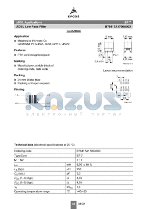 B78417A1706A003 datasheet - xDSL Applications ADSL Low Pass Filter