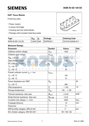 BSM35GD120D2 datasheet - IGBT Power Module (Power module 3-phase full-bridge Including fast free-wheel diodes)