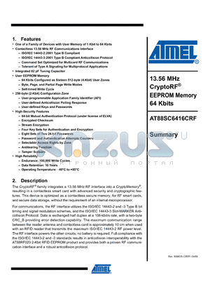 AT88SC6416CRF-MR1 datasheet - 13.56 MHz CryptoRF^ EEPROM Memory 64 Kbits