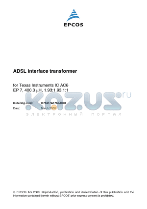 B78417A1765A003 datasheet - ADSL interface transformer