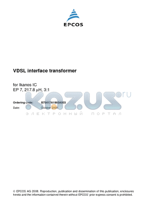 B78417A1860A003 datasheet - VDSL interface transformer for Ikanos IC EP 7, 217.8 lH, 3:1
