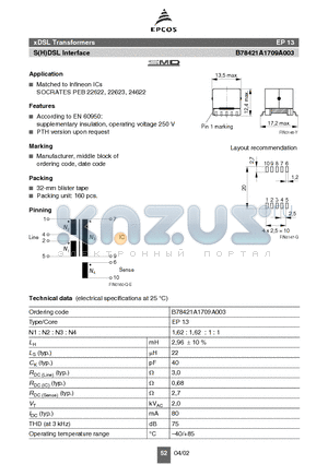 B78421A1709A003 datasheet - xDSL Transformers S(H)DSL Interface