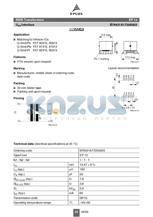 B78421A1720A003 datasheet - ISDN Transformers