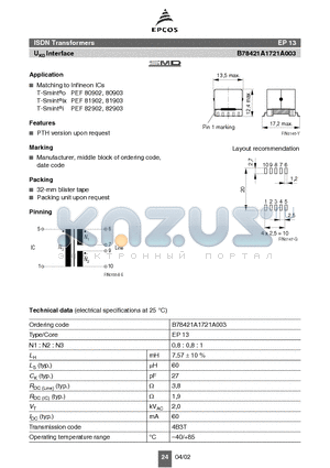 B78421A1721A003 datasheet - ISDN Transformers