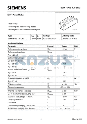 BSM75GB120DN2 datasheet - IGBT Power Module (Half-bridge Including fast free-wheeling diodes Package with insulated metal base plate)