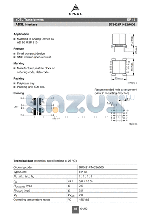 B78421P1482A005 datasheet - xDSL Transformers ADSL Interface