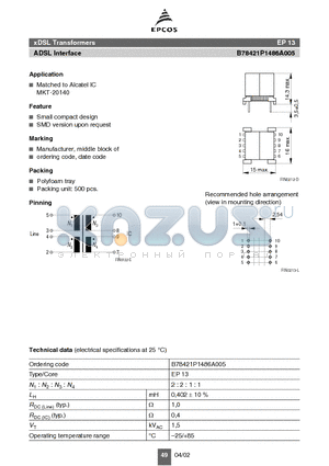 B78421P1486A005 datasheet - xDSL Transformers ADSL Interface