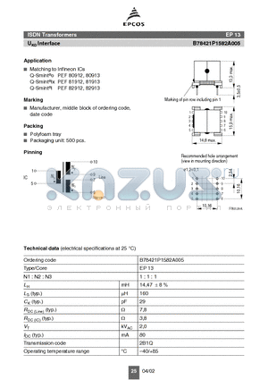 B78421P1582A005 datasheet - ISDN Transformers