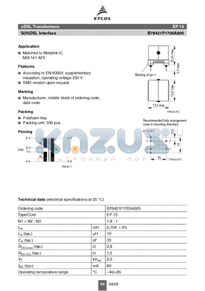 B78421P1705A005 datasheet - xDSL Transformers S(H)DSL Interface