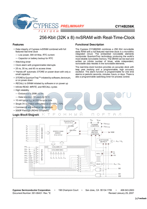 CY14B256K-SP45XCT datasheet - 256-Kbit (32K x 8) nvSRAM with Real-Time-Clock