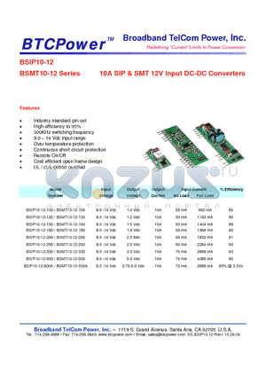 BSMT10-12-150 datasheet - 10A SIP & SMT 12V Input DC-DC Converters