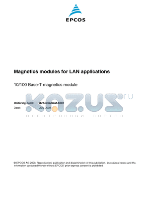 B78476A8248A003 datasheet - Magnetics modules for LAN applications