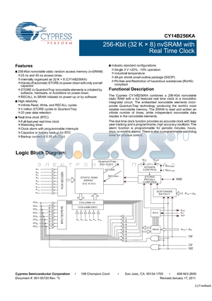 CY14B256KA datasheet - 256-Kbit (32 K  8) nvSRAM with Real Time Clock