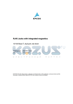 B78477P1XXXAX24 datasheet - RJ45 Jacks with integrated magnetics 10/100 Base-T, dual port, tab down