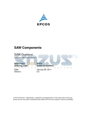 B7923 datasheet - SAW Duplexer Cellular / WCDMA Band V
