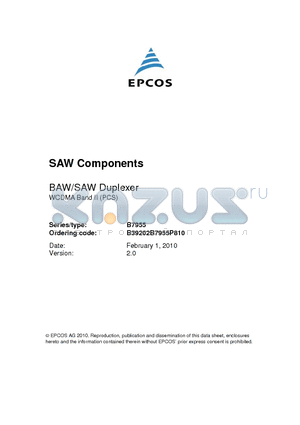 B7955 datasheet - BAW/SAW Duplexer WCDMA Band II (PCS)