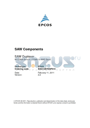 B7959 datasheet - SAW Duplexer W-CDMA Band 4 / CDMA 1x AWS Band