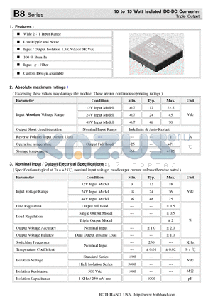 B8-1212T15 datasheet - 10 to 15 Watt Isolated DC-DC Converter Triple Output