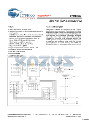 CY14B256L-SZ25XCT datasheet - 256-Kbit (32K x 8) nvSRAM