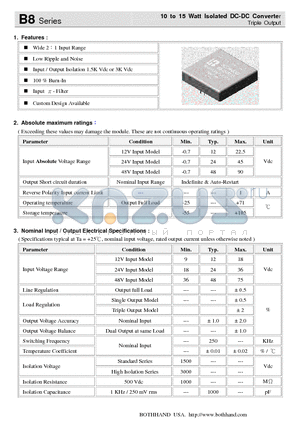 B8-2412T10 datasheet - 10 to 15 Watt Isolated DC-DC Converter Triple Output