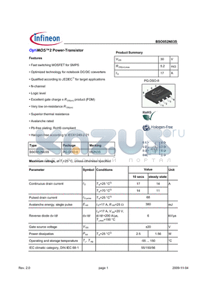 BSO052N03S datasheet - OptiMOS2 Power-Transistor