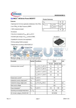 BSO083N03MSG datasheet - OptiMOS3 M-Series Power-MOSFET