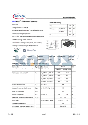 BSO080P03NS3G datasheet - OptiMOSTM3 P3-Power-Transistor